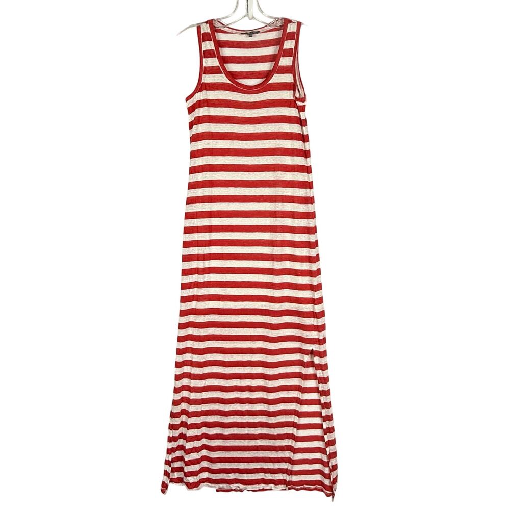 Michael Stars Sleeveless Scoop Linen Side Slit Striped Maxi Dress Red White XS